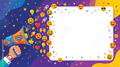 World Emoji Day megaphone announcement frame with celebration icons and copy space for social media banner