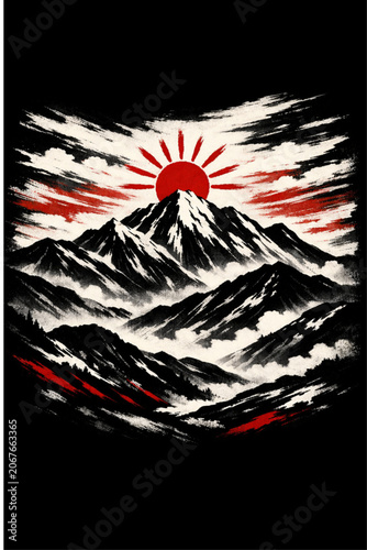 A dramatic illustration featuring majestic mountains with towering peaks under a classic Japanese-style sunrise.