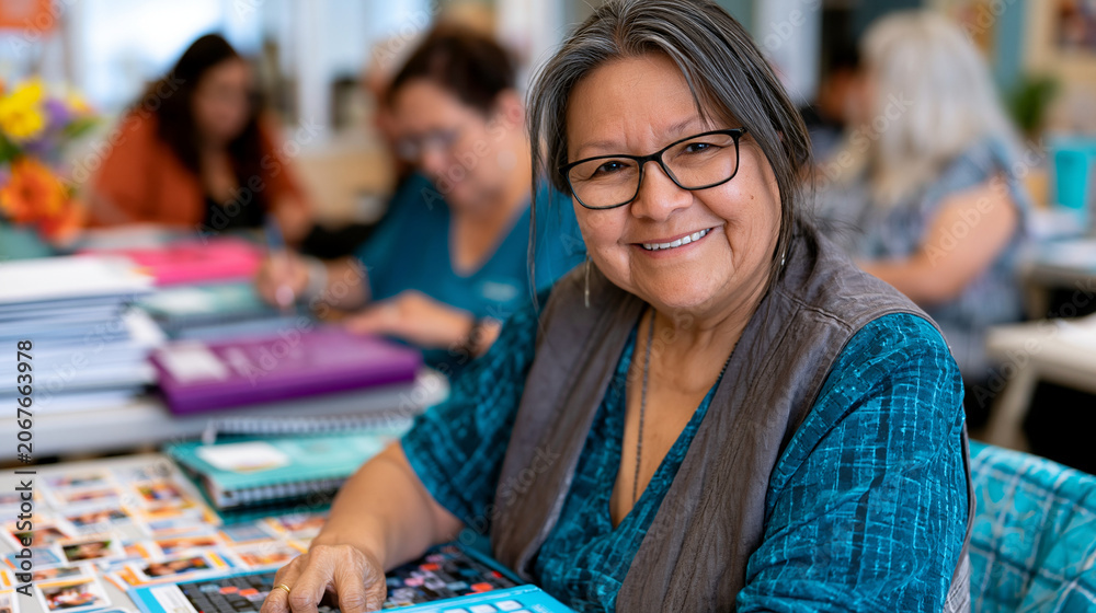 Fototapeta premium Adult day program coordinator facilitating structured cognitive stimulation activity with dementia prevention participant group in sunny community health center social room, cognitive game materials