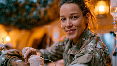 Photorealistic photo of a military trauma nurse inserting an IV line into a wounded soldier's arm in a forward operating base medical tent, camouflage netting above, portable medic
