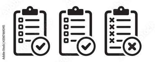 Set of clipboard checklist icons featuring status marks for business workflow and task tracking system.