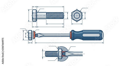 Foto Technical Drawing of Bolt and Screwdriver with Measurements.