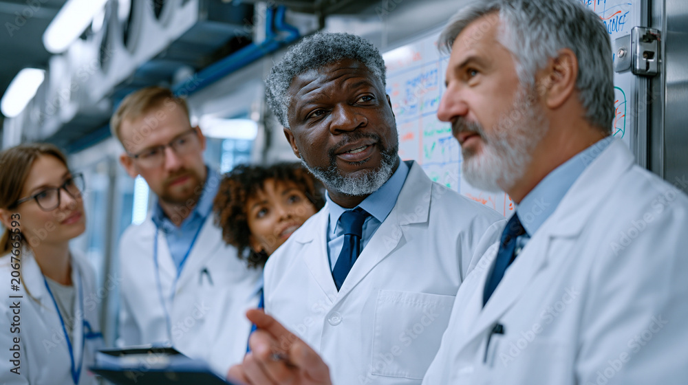 Fototapeta premium Food processing facility supervisor reviews a HACCP corrective action report with a diverse team of floor leads gathered around a wall-mounted whiteboard inside a temperature-controlled dairy packag