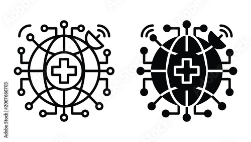 Global medical network connectivity icon with digital nodes and satellite dish representing international telecommunications and health data transmission in black and white vector graphic