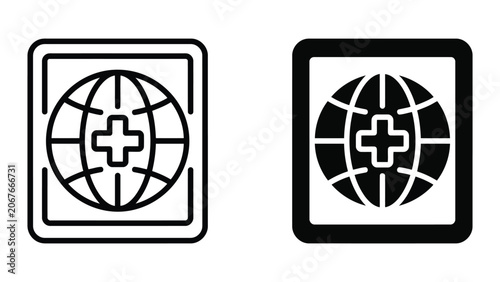 Medical tablet or digital device icon with globe and cross symbol for mobile health applications and global telemedicine services in professional black and white flat vector design style