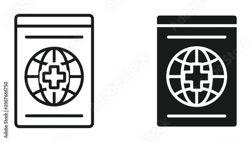 Global medical passport icon with globe and cross symbol for international health travel and vaccination documentation in minimalist black and white flat vector illustration for design projects