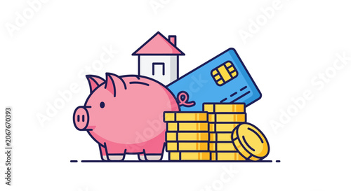 Piggy Bank with Stacked Gold Coins.