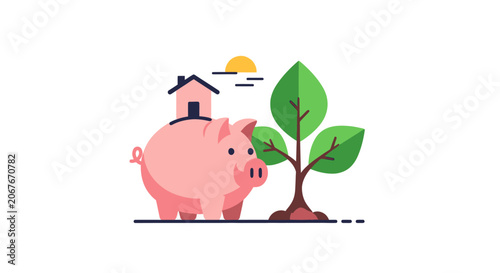 Pink Pig Saving Money For House.