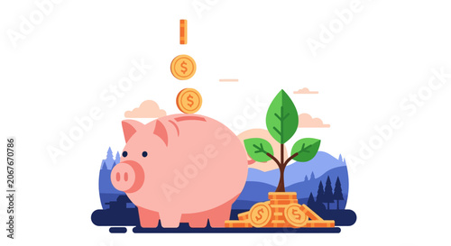Pink Pig Saving Money Growing Plant.