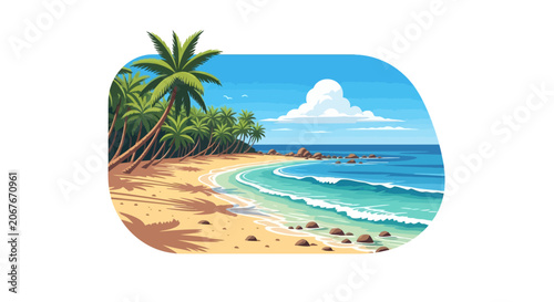 Palm trees on sandy beach shore.