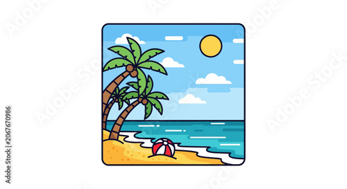 Palm trees on sandy beach shore.
