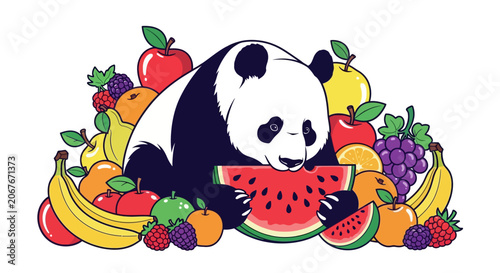 Panda eating fruit and watermelon slice.