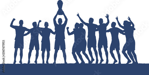 Valokuva Silhouette of a winning soccer team celebrating victory and lifting up a championship trophy cup