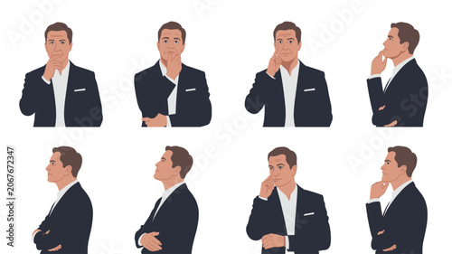 Professional man in dark suit displays various thoughtful facial expressions and hand gestures in multiple angles for business presentation needs.