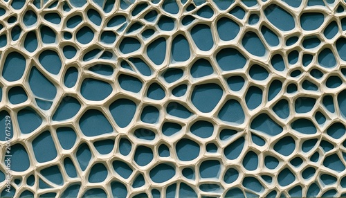 Organic cellular structure with irregular interconnected openings against a dark background