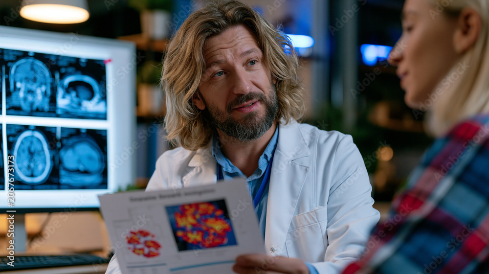Fototapeta premium Addiction medicine specialist reviewing dopamine reward circuit pathway diagrams with recovering patient in private outpatient clinic consultation room, neuroimaging scans pinned to lightboard showi