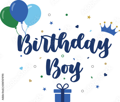 Blue birthday boy typography transparent PNG sticker with crown and balloons