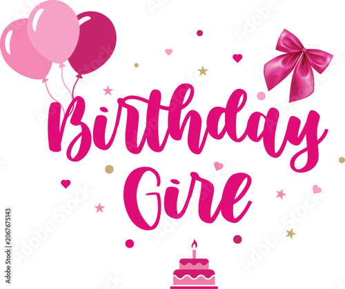 Pink birthday girl typography transparent PNG sticker with bow and balloons