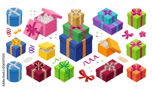 Schilderij op canvas Isometric Gift Boxes Collection Colorful Present Packages with Ribbons and Decor