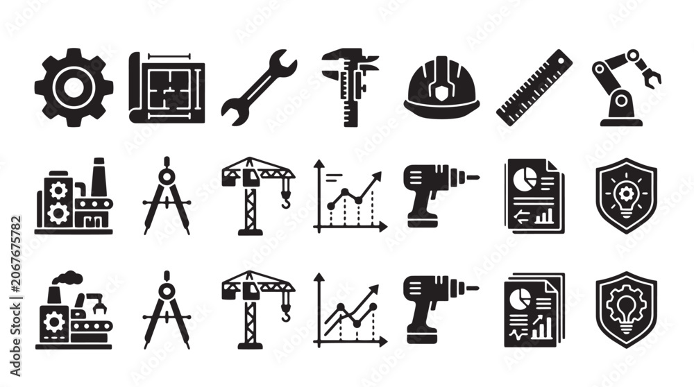 Εκτύπωση καμβά Industrial icons, construction tools, engineering symbols, 20 black and white gr