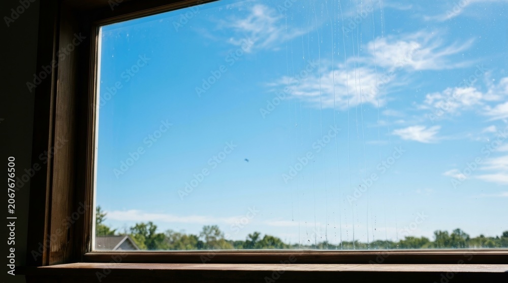 Fototapeta premium Clear Sky View Through a Wooden Window Frame on a Bright Day