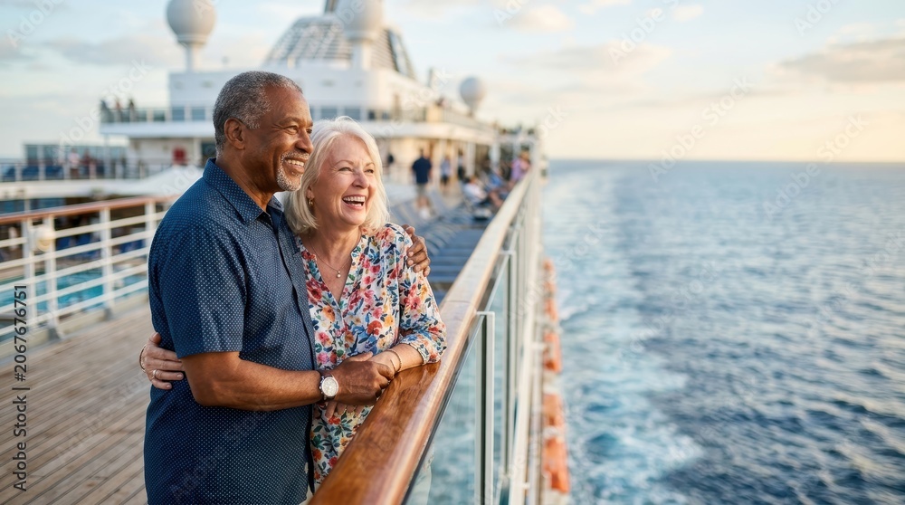Fototapeta premium An elderly couple from diverse backgrounds enjoys a cruise ship vacation together, smiling as they look out at the open ocean from the deck. The scene reflects relaxed luxury travel.