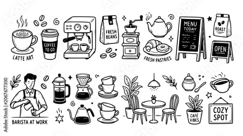 Hand drawn coffee shop elements set