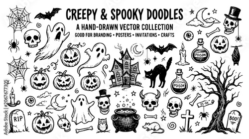 Creepy and spooky halloween handdrawn doodle collection