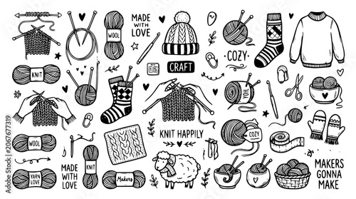 Set of handdrawn knitting and crochet elements