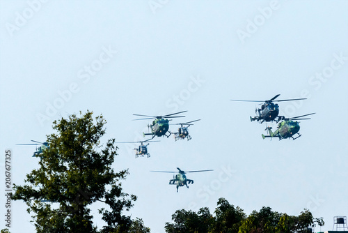 Rudra attack helicopters belonging to the Indian Army Aviation Corps flying in formation.