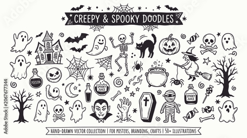 Creepy and spooky halloween doodles collection