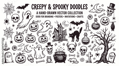 Creepy and spooky halloween doodles handdrawn vector collection