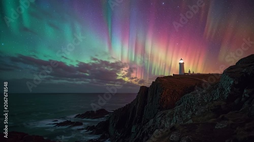 Northern Lights Above Cliffside Lighthouse