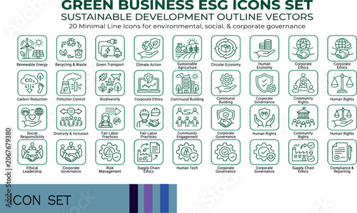 Print Green Business ESG and Sustainable Development Line Icon Set