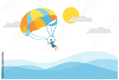 Flat vector design of a person enjoying extreme water sports and parasailing activity in the sky with sun and clouds for summer vacation concept