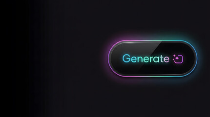Glossy black button with glowing neon light border and sparkle icon for digital interface.