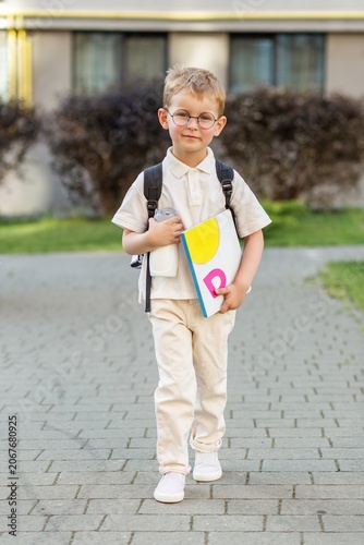 Little School Boy Walking With Backpack and Book on First Day of School