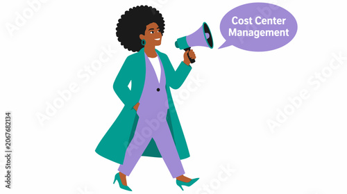 Confident woman holding megaphone in colorful outfit.