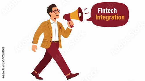 Businessman using megaphone for fintech announcement.