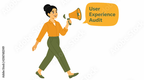 Woman holding megaphone with user experience audit text.