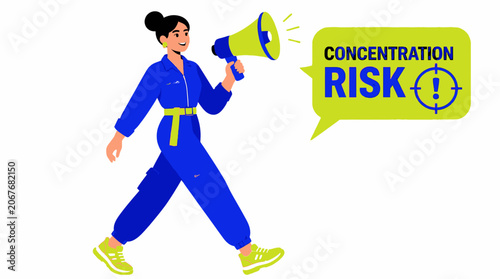 Woman in blue jumpsuit holding megaphone with concentration risk sign.