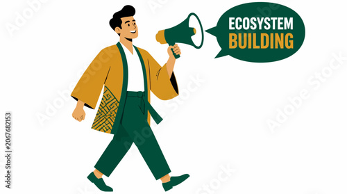 Man with megaphone promoting ecosystem building concept.