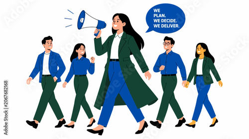 Confident woman leading a group with megaphone.