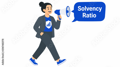 Businesswoman announcing solvency ratio with megaphone.