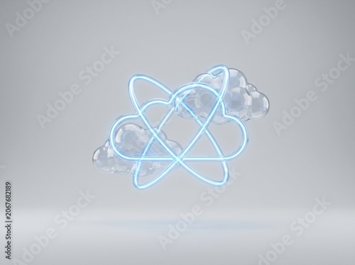 Glowing neon blue atom with glass clouds on grey background, 3D quantum computing concept