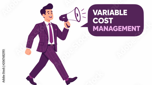 Businessman shouting through megaphone about variable cost management.