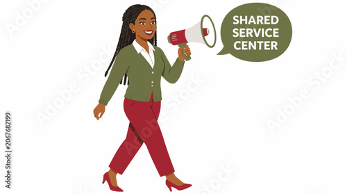 Businesswoman holding megaphone with shared service center text.