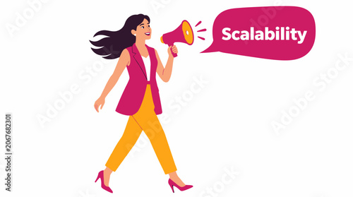 Confident woman holding megaphone with scalability text.
