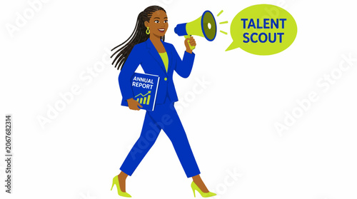 Talent scout holding megaphone and books in blue outfit.