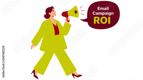 Woman in green suit holding megaphone for email campaign.